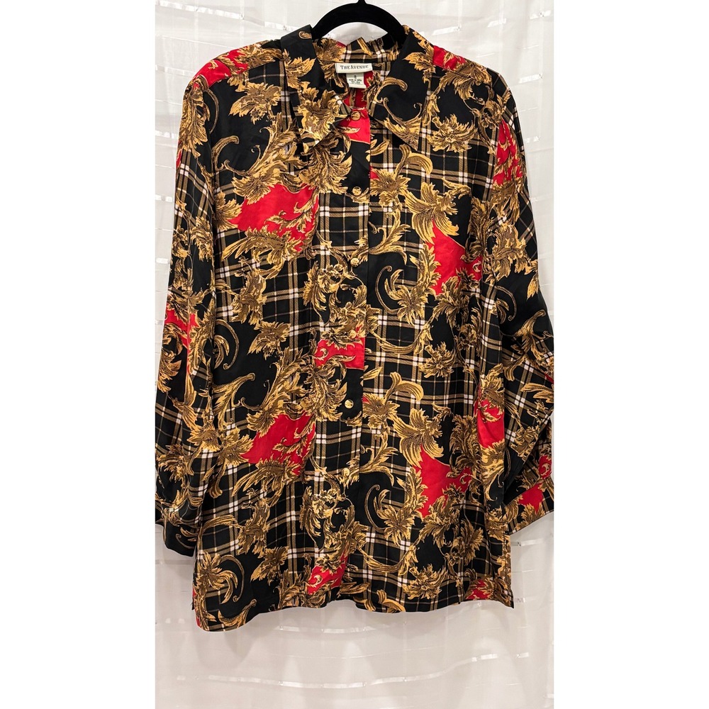 VTG The Avenue Silk Baroque Plaid Button‎ Down Shirt Red Gold Black Womens 14/16